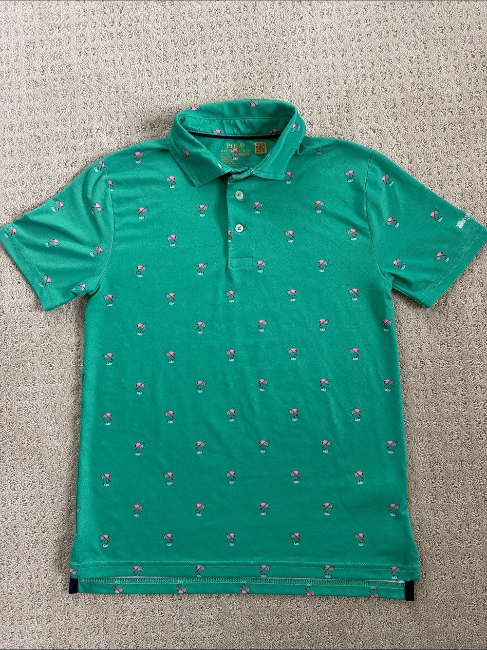Polo Ralph Lauren Performance Polo in green with pink flamingo print - 10-12